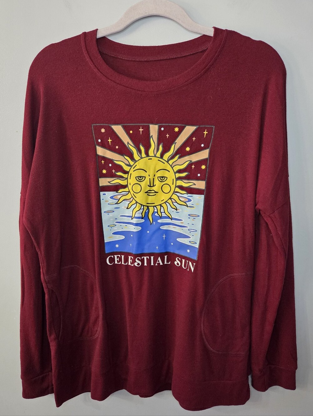 Womens Longsleeve Top Celestial Witchy Sun Tarot Burgundy Has Pockets Size XL
